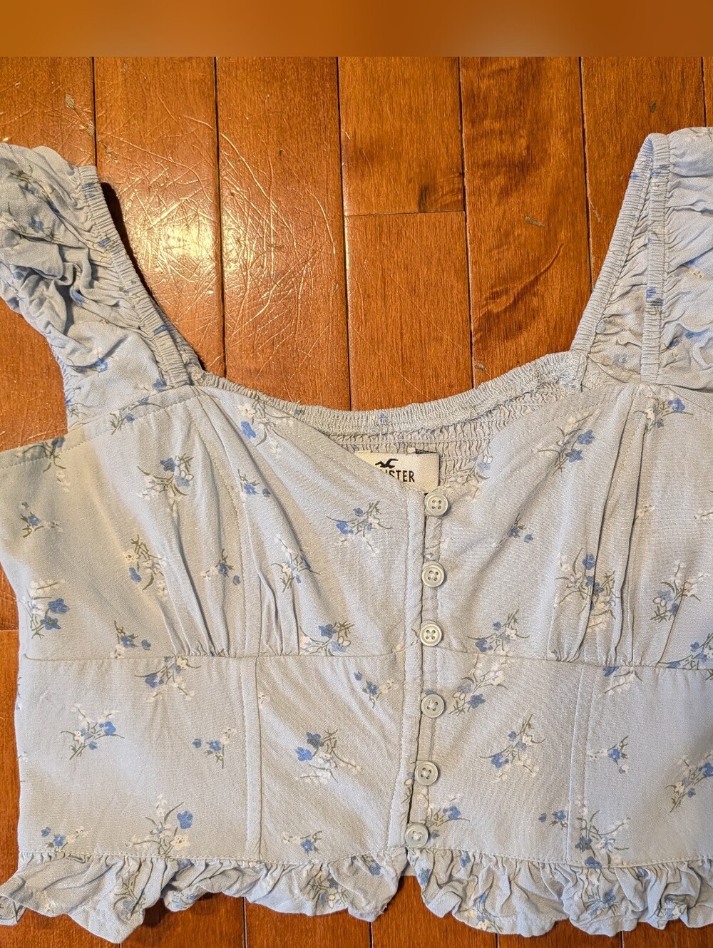 Hollister Light Blue Floral Button-Front Mini Puff Sleeve Ruffle Crop Top Sz S